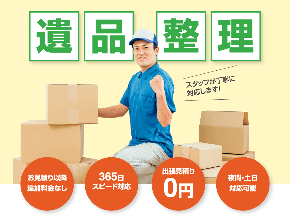 遺品整理 お見積り以降追加料金なし 365日スピード対応 出張見積り0円 夜間・土日対応可能