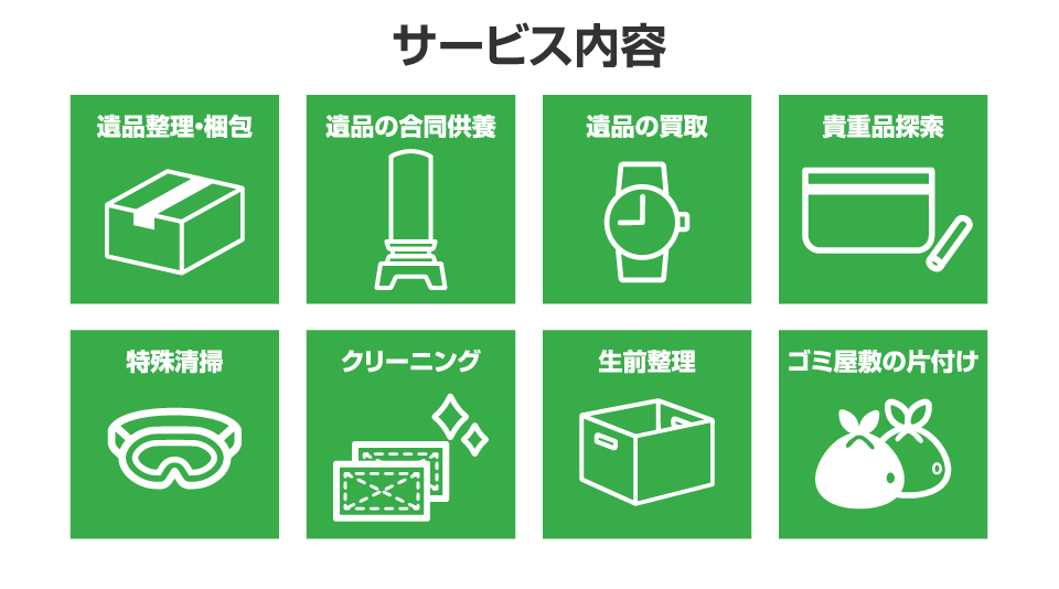 サービス内容 遺品整理・梱包 遺品の合同供養 遺品の買取 貴重品探索 特殊清掃 クリーニング 生前整理 ゴミ屋敷の片付け
