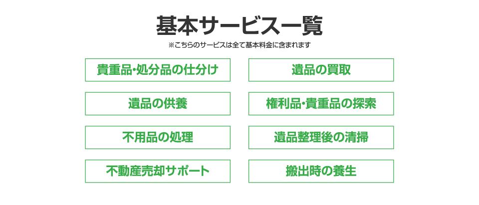 基本サービス一覧 ※こちらのサービスは全て基本料金に含まれます 貴重品・処分品の仕分け 遺品の買取 遺品の供養 権利品・貴重品の探索 不用品の処理 遺品整理後の清掃 不動産売却サポート 搬出時の養生