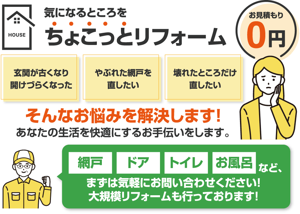 気になる部分をちょこっとリフォーム お見積り0円 玄関が古くなり開けづらくなった、やぶれた網戸を直したい、壊れたところだけ直したい、そんなお悩みを解決します！あなたの生活を快適にするお手伝いをします。 網戸、ドア、トイレ、お風呂など、まずはお気軽にお問い合わせください！大規模リフォームも行っております！